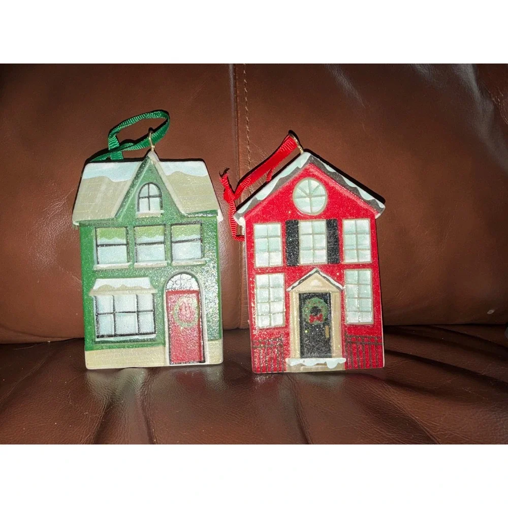 Set of 2 Christmas Wooden House‎ Ornaments Red Green Glitter Holiday Decor